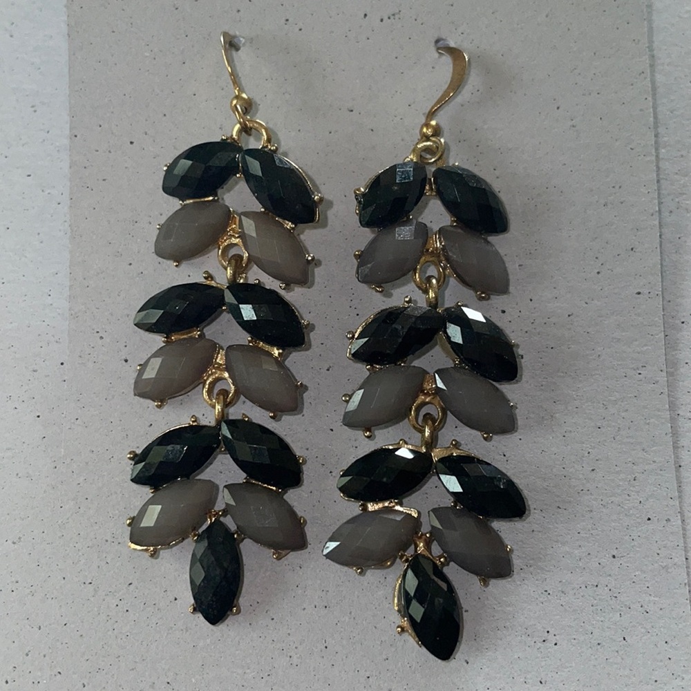 Black/charcoal gray leaf design stone dangle earrings
